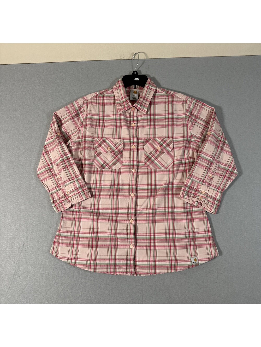 Carhartt Women Pink Plaid Button Down Shirt Size XXL Roll Tab 3/4 Sleeve